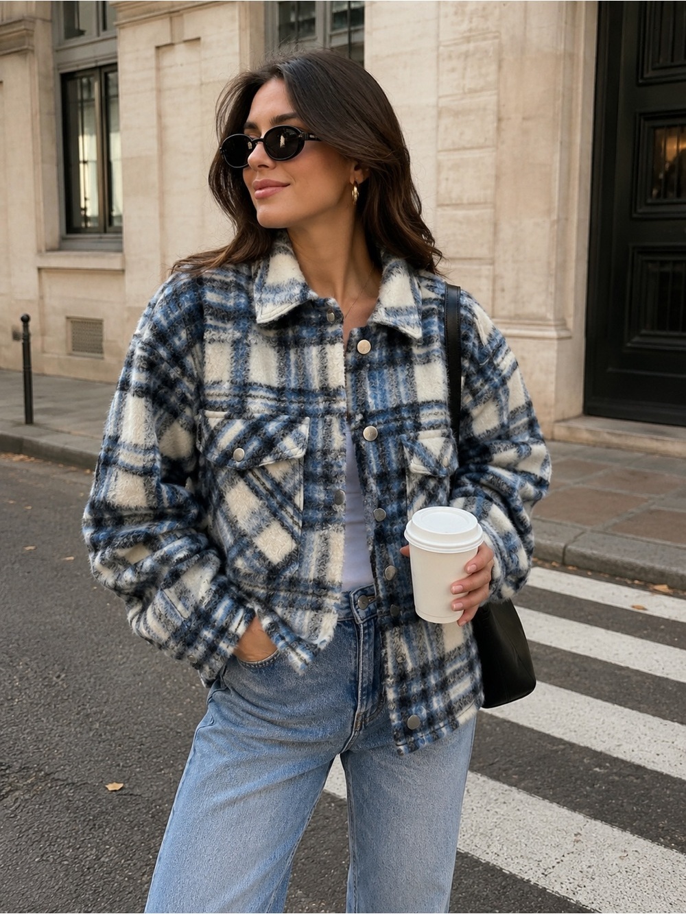Zara Plaid Blue and White Shacket Jacket - Women's Casual Coat